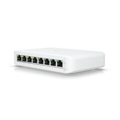 Бял комутатор Ubiquiti Lite 8 PoE с 8-Ethernet порта на бял фон.