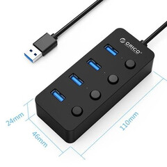 Hub USB Orico W9PH4-U3-BK, 4-port, 4 On/Off Buttons, 0.3m cord, USB3.0 - black