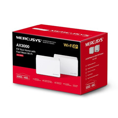 Бял рутер Mercusys модел H80X AX3000(2-pack) в черно-червена кутия на бял фон