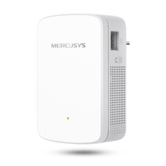 Бял удължител на сигнал Mercusys модел МЕ20 AC750 на бял фон.