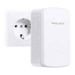 Бял удължител на сигнал Mercusys модел МЕ20 AC750 на бял фон.