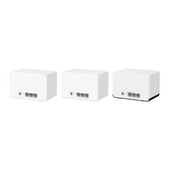 Бял рутер Mercusys модел H85X AX3000(3-pack) на бял фон.Бял рутер Mercusys модел H80X AX3000(2-pack) в черно-червена кутия на бял фон