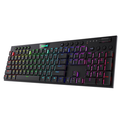 Правоъгълна черна клавиатура със светещи клавиши в RGB светлина и скролиращо колелце в горен десен ъгъл Redragon Horus K618-RGB