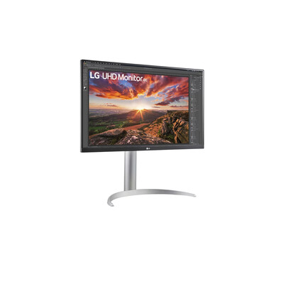 Черен монитор LG модел 27UP85NP-W на бял фон.