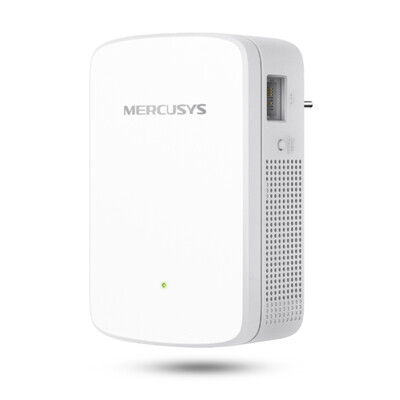Бял удължител на сигнал Mercusys модел МЕ20 AC750 на бял фон.