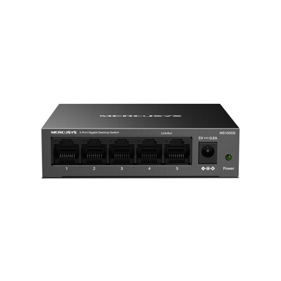 Черен настолен комутатор Mercusys модел MS105GS на бял фон.
