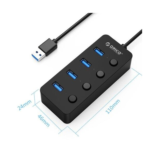 Hub USB Orico W9PH4-U3-BK, 4-port, 4 On/Off Buttons, 0.3m cord, USB3.0 - black