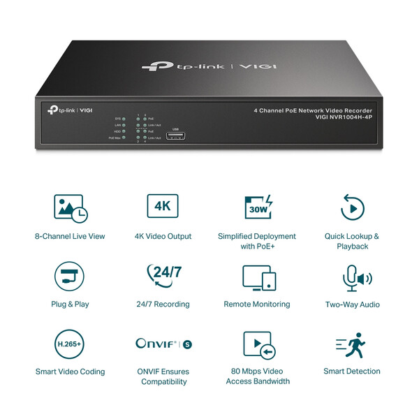 NVR TP-Link VIGI PoE+ Network Video Recorder 4-канален 