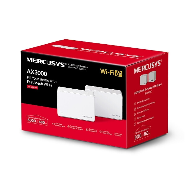 Бял рутер Mercusys модел H80X AX3000(2-pack) в черно-червена кутия на бял фон
