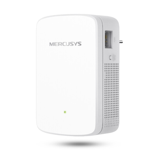 Бял удължител на сигнал Mercusys модел МЕ20 AC750 на бял фон.