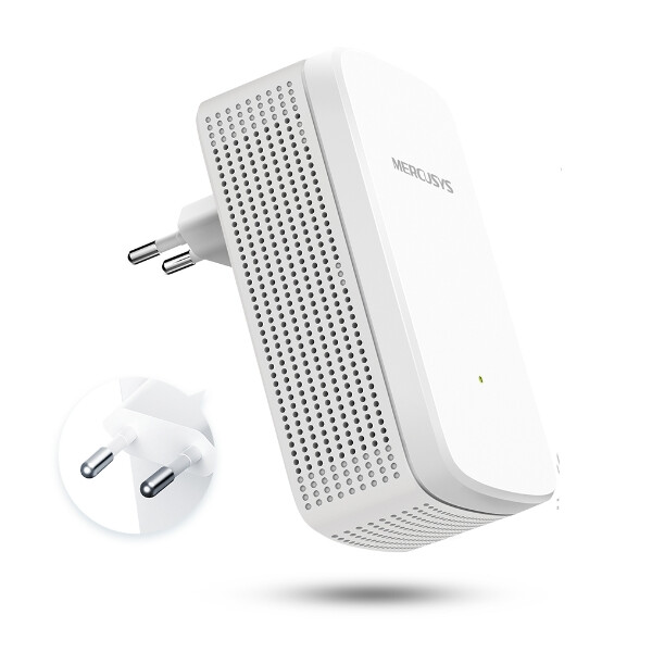 Бял удължител на сигнал Mercusys модел МЕ20 AC750 на бял фон.