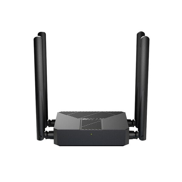 Черен рутер Mercusys модел MR62X AC1500 на бял фон.