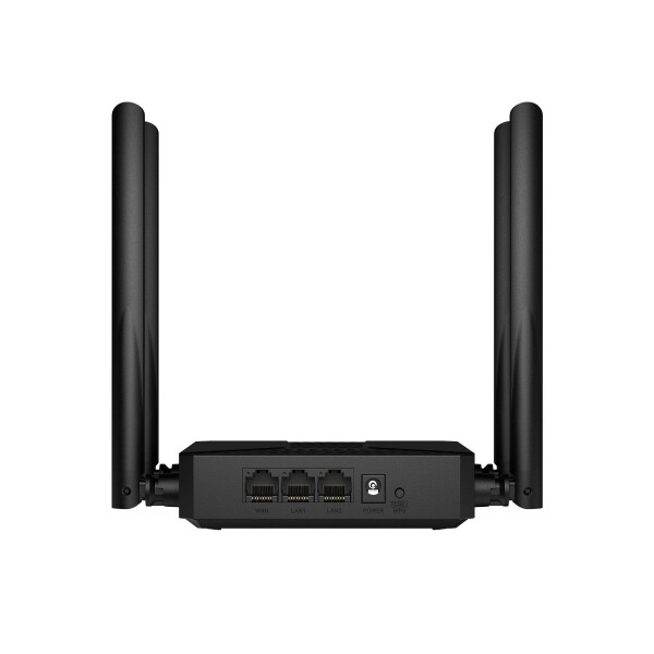 Черен рутер Mercusys модел MR62X AC1500 на бял фон.