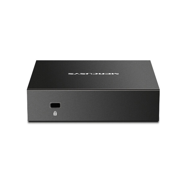 Черен настолен комутатор Mercusys модел MS105GS на бял фон.