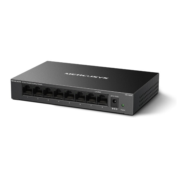 Черен комутатор Mercusys модел MS108GS на бял фон.