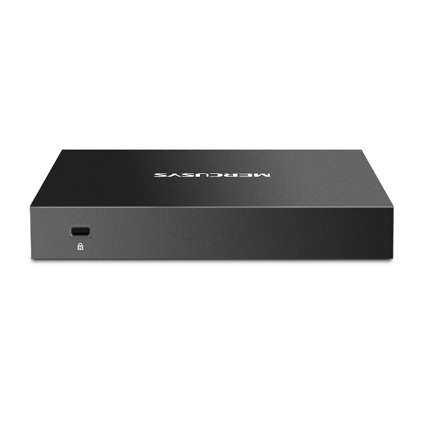 Черен комутатор Mercusys модел MS108GS на бял фон.