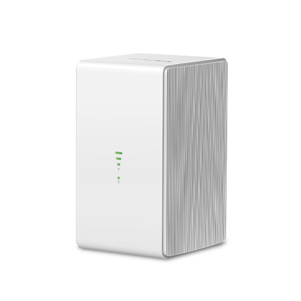 Бял рутер Mercusys модел MB110-4G на бял фон.