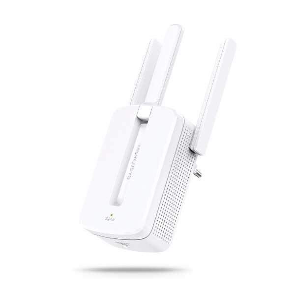 Бял удължител на сигнал Mercusys модел MW300RE на бял фон.