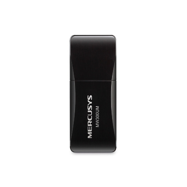 Черен адаптер Mercusys модел  MW300UM N300 на бял фон.