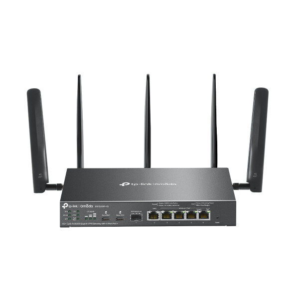 Гигабитен VPN рутер TP-Link Omada модел ER706WP-4G AX3000 на бял фон.