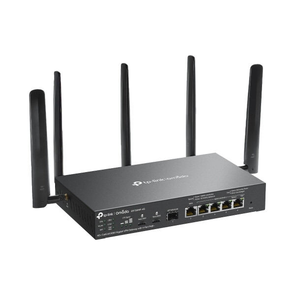 Гигабитен VPN рутер TP-Link Omada модел ER706WP-4G AX3000 на бял фон.