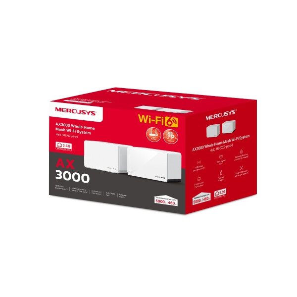 Бял рутер Mercusys модел H85X AX3000(3-pack) в черно-червена кутия на бял фон
