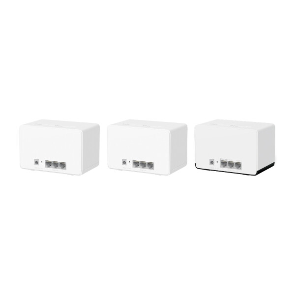 Бял рутер Mercusys модел H85X AX3000(3-pack) на бял фон.Бял рутер Mercusys модел H80X AX3000(2-pack) в черно-червена кутия на бял фон